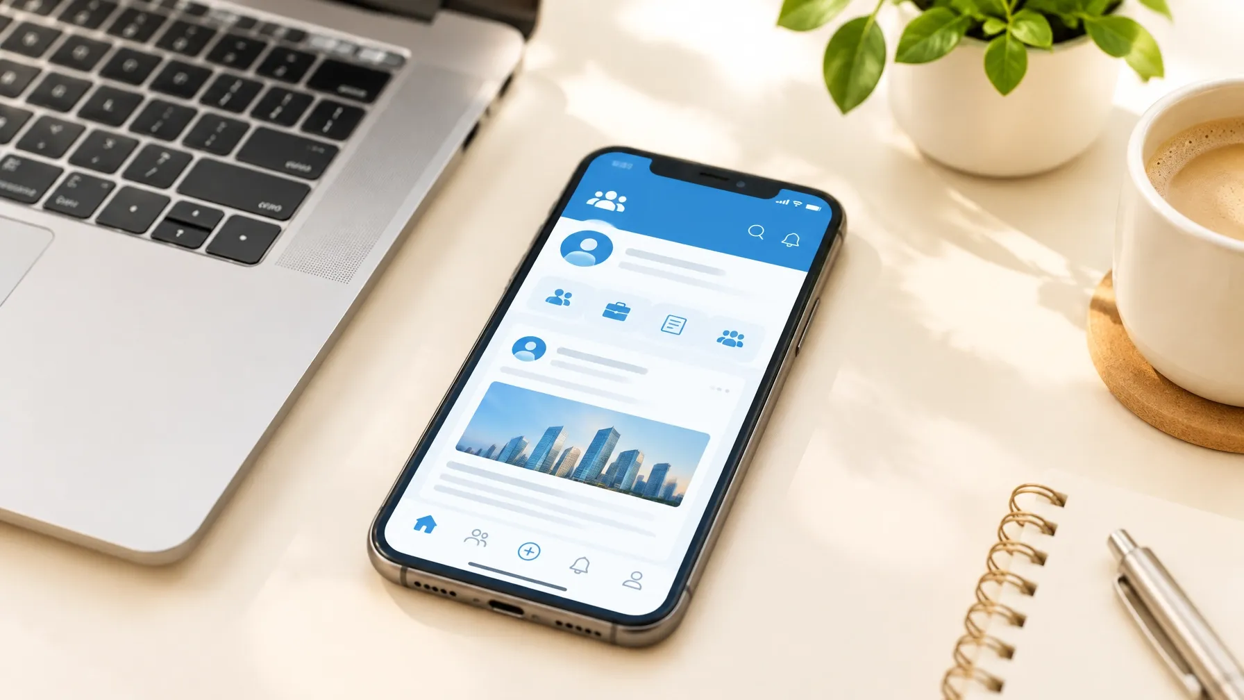 A smartphone with a professional networking profile on a desk