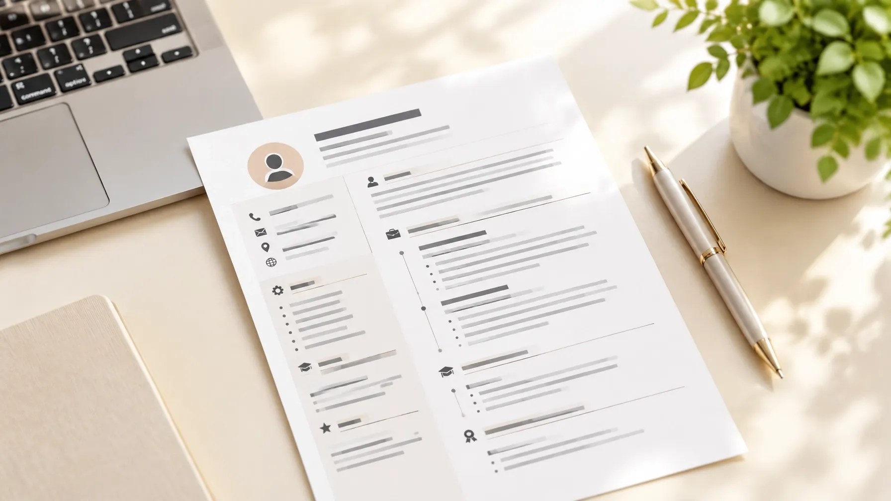 A professionally printed resume on a desk beside a laptop